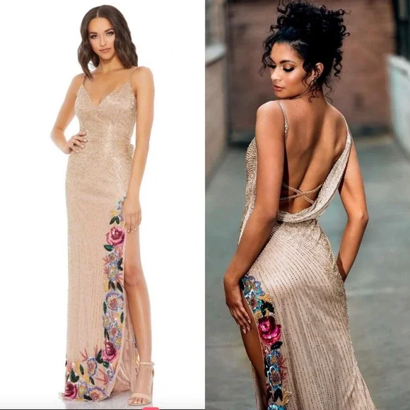 【Mac Duggal】Sequined Low Back Slip Gown 関税送料込 Pink Sequined Low Back Slip Gown | Mac Duggal